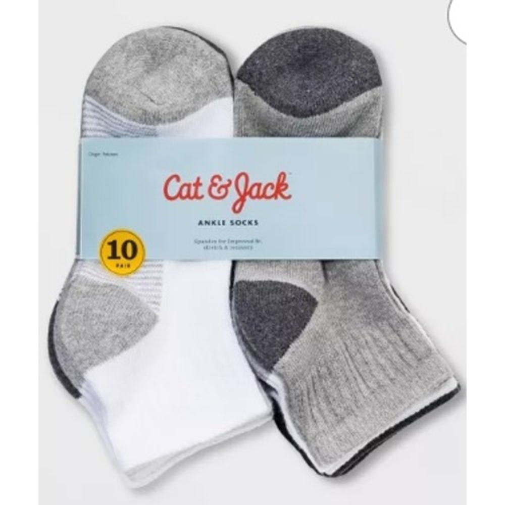 Cat & Jack Kids Ankle Socks 10 Pair Pack White Grey Black Athletic Spandex NWOT